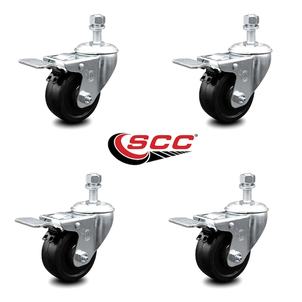 3 Inch Soft Rubber Wheel Swivel 10mm Stem Caster Set with Total Lock Brake